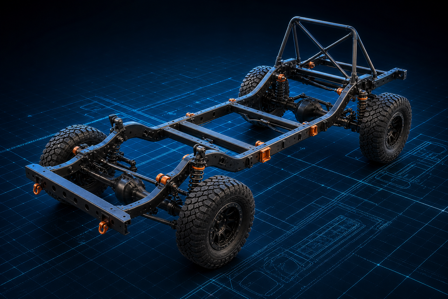 Attractive three-dimensional automobile ladder-frame chassis with side rails, cross members, suspension, axles and roll cage