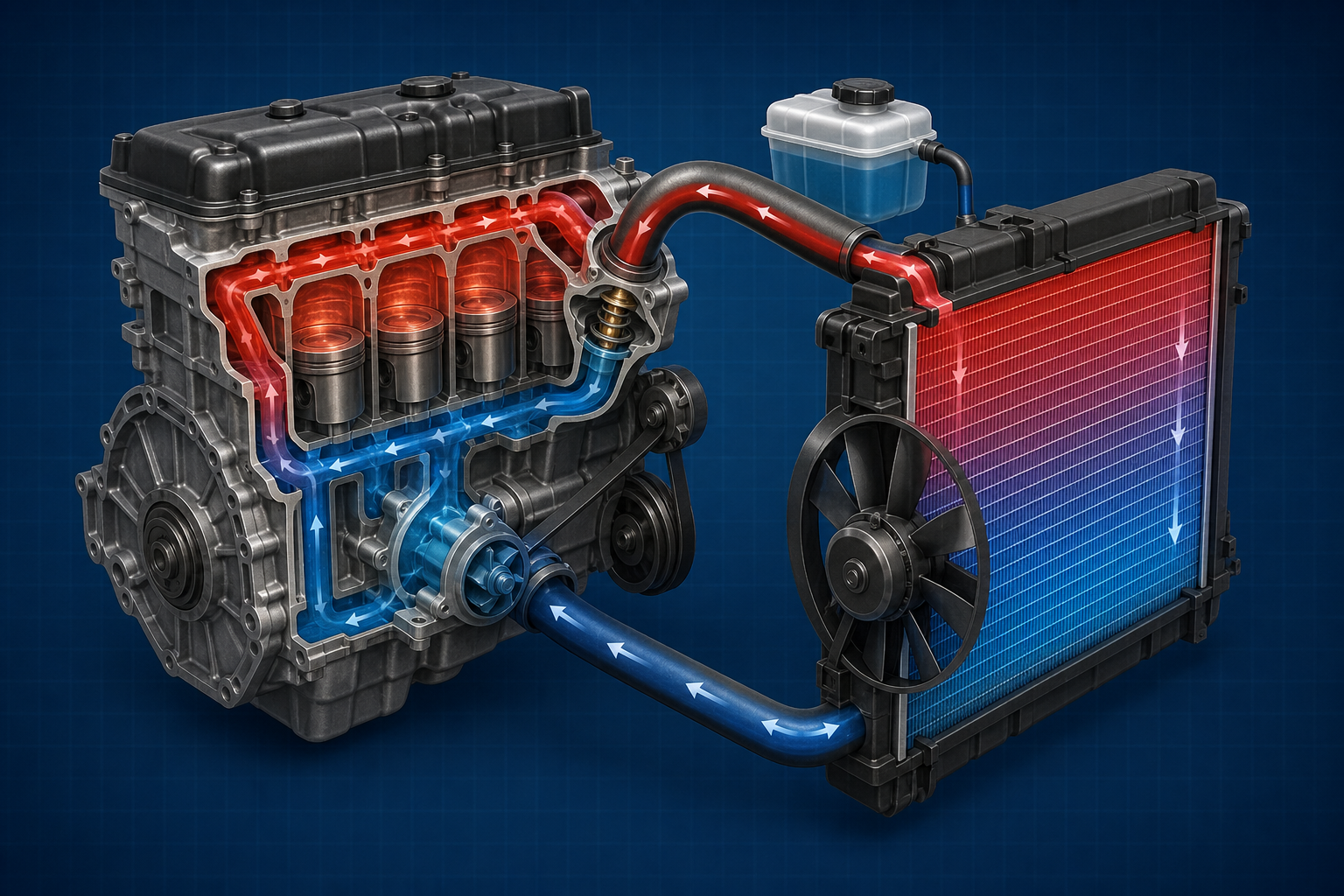 Technical illustration of an automobile engine cooling system showing radiator, water pump, thermostat, fan and coolant circuit